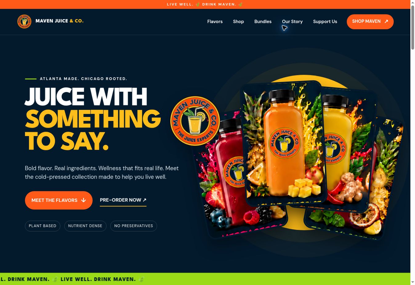 Maven Juice and Co. website homepage